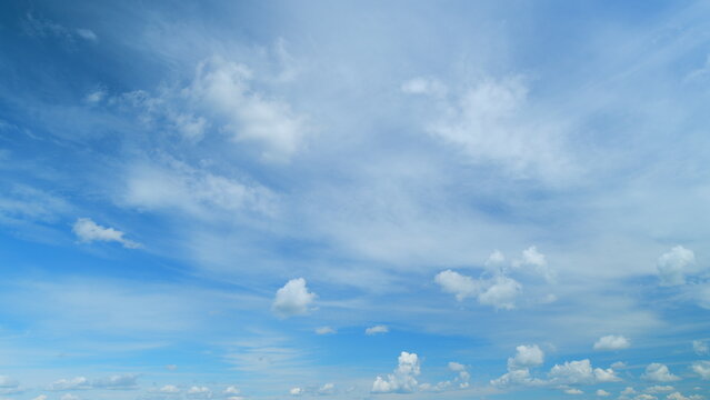 Soft white clouds moving on blue sky background. Tropical summer or spring sunlight. Daytime. Timelapse.