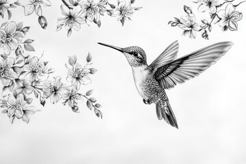 Fototapeta premium A tattoo sketch of a hummingbird in mid-flight, surrounded by delicate floral patterns, space for text.