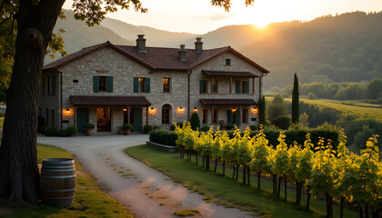 Charming hotel at sunset mood with vineyard view in countryside
