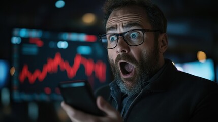 A man wearing glasses is captured in a moment of surprise while looking at his smartphone screen, against a backdrop of financial graphs displaying fluctuating patterns.