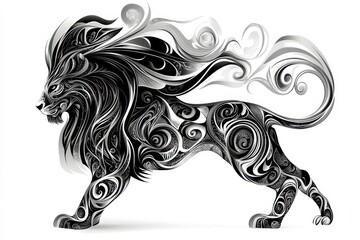 A tattoo sketch of a fierce lion with a flowing mane, detailed tribal patterns forming the outline, space for text.