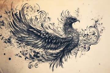 Fototapeta premium A tattoo sketch of a phoenix rising from the ashes, with intricate feather details and flames, space for text.