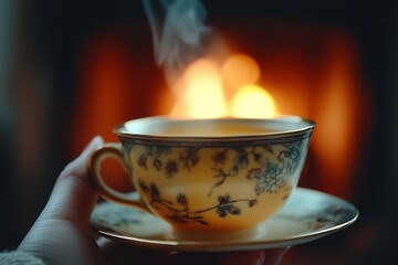 Cozy Warmth of a Steaming Tea Cup in Front of a Fireplace at Home : Generative AI