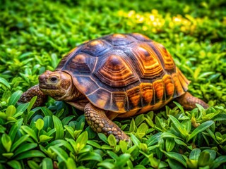 Fototapeta premium Aerial View of a Turtle Grazing on Lush Green Grass in a Serene Garden Setting, Capturing the Beauty of Nature and Wildlife in Close-Up Detail