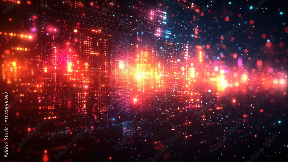Poster abstract digital visualization with vibrant lights and patterns.