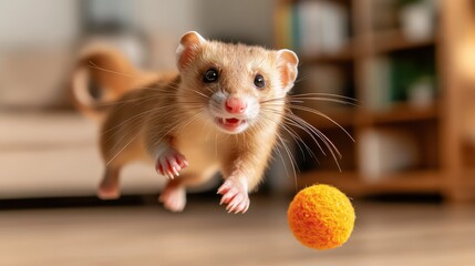 Fototapeta premium A lively ferret captured in motion, playfully leaping towards a bright orange ball, showcasing energy and excitement in a cozy indoor environment.