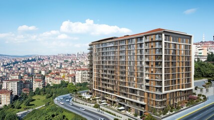 Stunning Cityscape with Towering Apartment Building and Lush Greenery