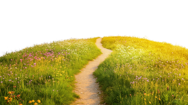 Sunset meadow with wildflowers and a walking path isolated on transparent background