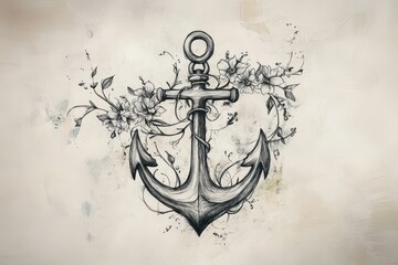 A tattoo sketch of an anchor entwined with delicate vines and floral elements, space for text.