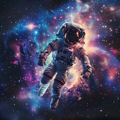 Astronaut in space surrounded by stars and galaxy.