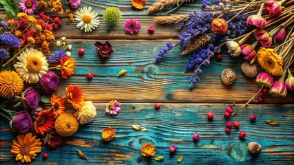 Aerial View of a Vibrant Collection of Dried Flowers Spread Across a Rustic Table, Showcasing the Beauty of Nature's Palette in a Serene and Stylish Setting