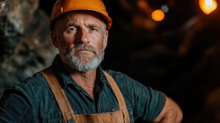 A seasoned mine worker, with a grey beard and orange helmet, stands with arms akimbo in the dimly-lit cave, embodying resilience and steadfastness.