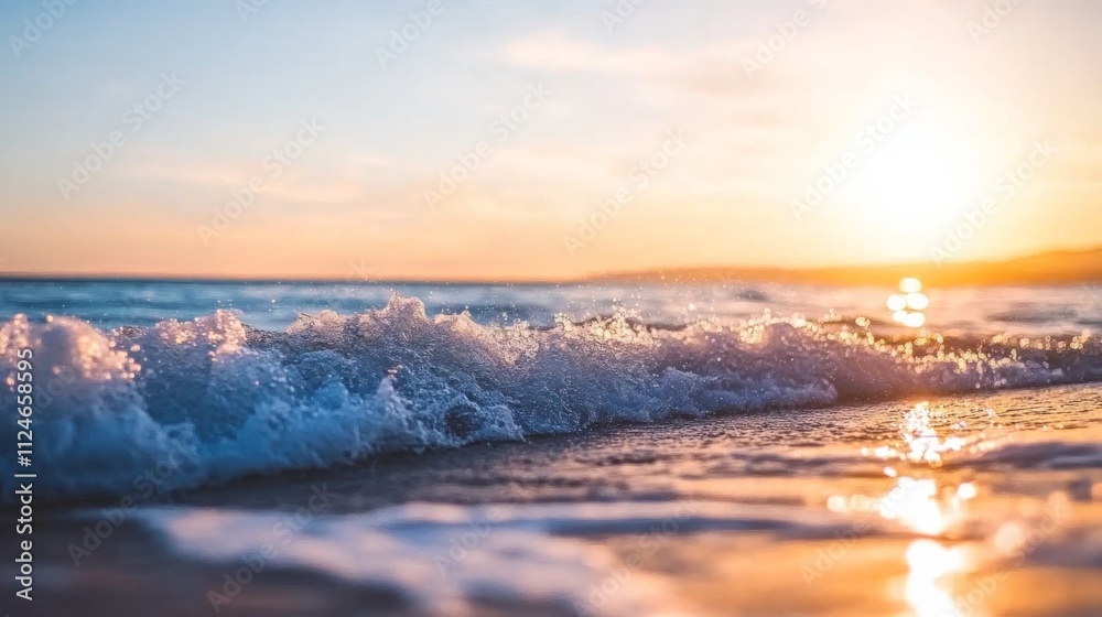 Poster sunlight reflects off vibrant blue-green ocean waves as they softly crash onto the sandy shore, crea