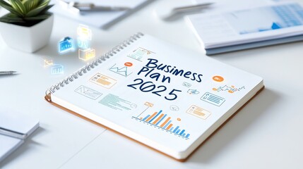 Business plan 2025 on a notebook with charts and a plant on a desk.