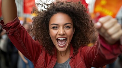 A joyful woman with curly hair energetically participates in a lively street demonstration, embodying the spirit of activism and public expression.