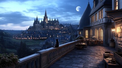 Fototapeta premium A black cat perches on the balcony of a castle, gazing at a medieval city with glowing windows under a crescent moon at dusk