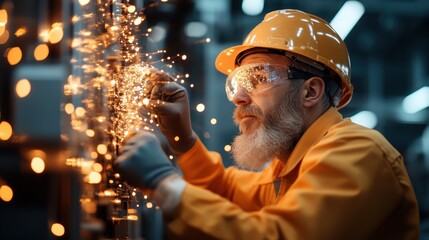 A focused, bearded engineer in protective gear works with precision amidst flying sparks in a bustling industrial workshop, showcasing dedication and craftsmanship.