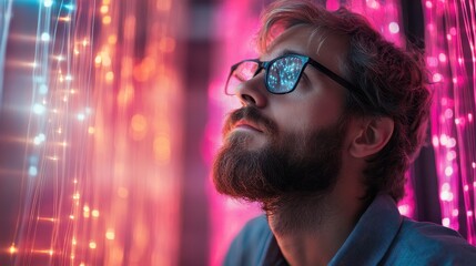 A thoughtful man wearing glasses gazes at vibrant, glowing fiber-optic lights, symbolizing innovation, dreams, and the convergence of technology and creativity.