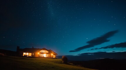 Innovative home design features a curved structure illuminated by soft lights, set against a stunning star-filled sky during a serene nighttime atmosphere