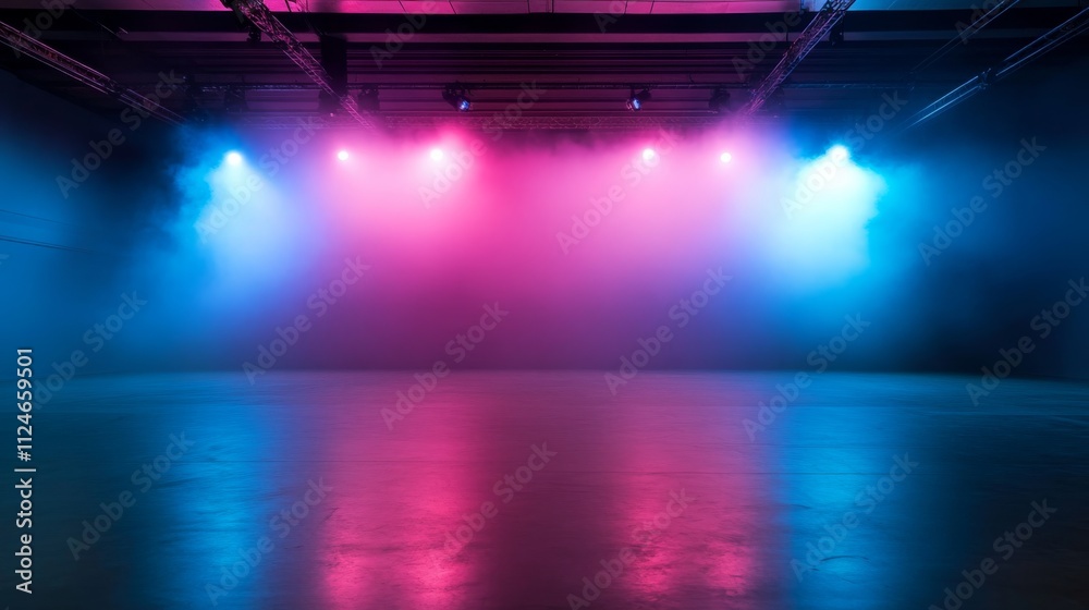 Poster vivid neon pink and blue spotlights illuminate an empty stage with a smooth reflective floor surroun