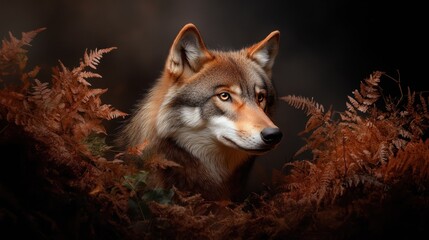 A striking portrait of a wolf nestled amidst vibrant autumn leaves, exuding a sense of untamed wilderness and natural beauty in a serene outdoor setting.