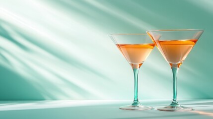 Two sophisticated orange cocktails in tall glasses, set against a soft cyan backdrop, capturing a refined aesthetic and modern elegance in drink presentation.
