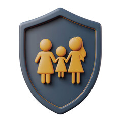 3D Family Shield Icon with Minimal Cartoon-Style Design on Isolated White Background