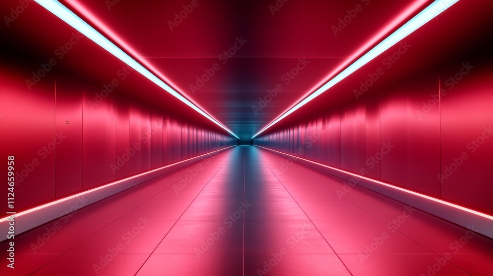 Poster a wide-angle view of a high-tech data center corridor showcasing vibrant neon blue and magenta light
