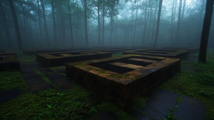 Obraz premium A wide-angle view captures a maze-like stone formation surrounded by dense, misty woods. The eerie atmosphere and muted lighting enhance the mystery of the location