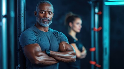 A muscular man with gray hair and a beard stands confidently in a gym setting, wearing a fitted T-shirt and watch, ready to take on any challenge ahead.