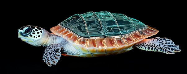 A turtle with a shell made of glowing circuitry, blending nature with technology