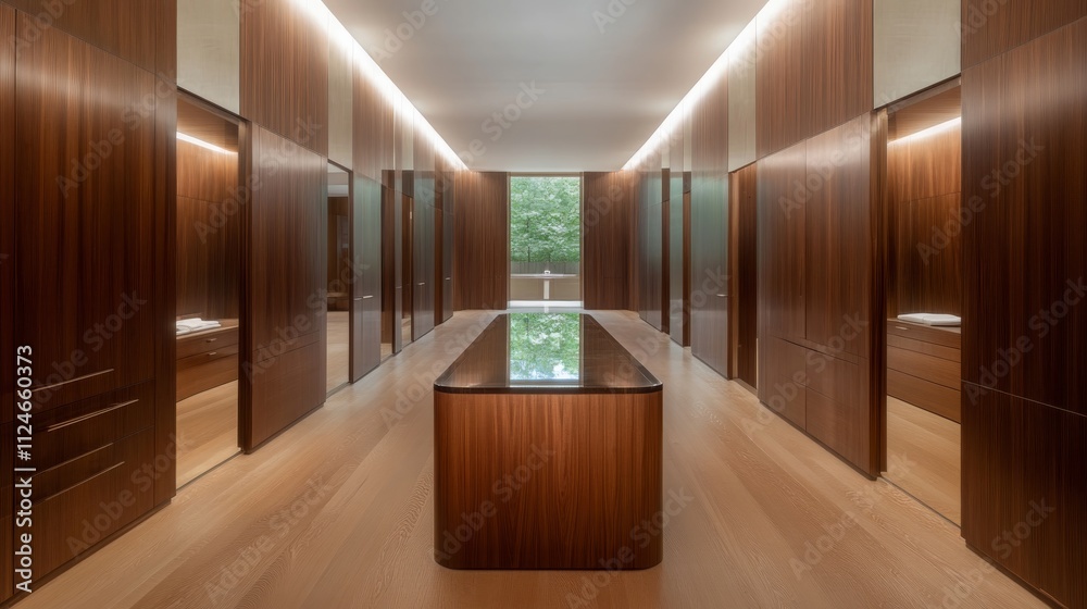Poster This stylish dressing room showcases a long wooden vanity with a glass top, surrounded by soft ambient light and elegant design elements, creating a serene atmosphere
