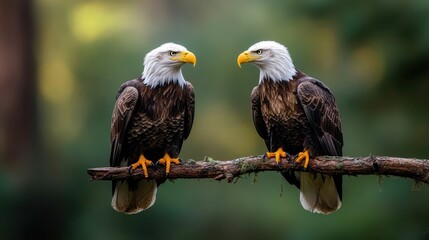 Two symbolic bald eagles rest on a branch, representing unity and strength. Their poised stature against the natural backdrop embodies faith and timeless beauty.