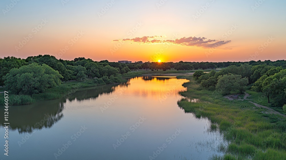 Aufkleber wide-angle view of a tranquil lake at sunset, with calm surface mirroring golden hues and lush trees