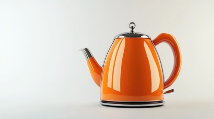 A retro-style electric kettle with a vibrant orange enamel finish and a whistle spout isolated on a solid white background.