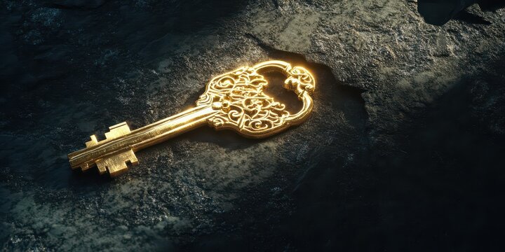 A golden key with intricate engravings, casting reflective light on a dark surface, space for text. - Powered by Adobe
