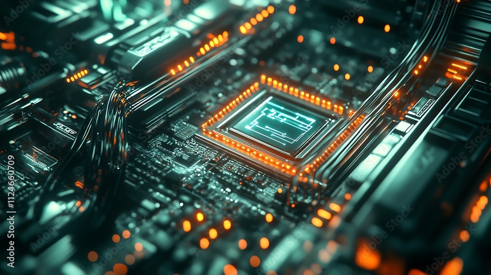 Poster high tech circuit board with orange and blue neon lights macro photography : generative ai