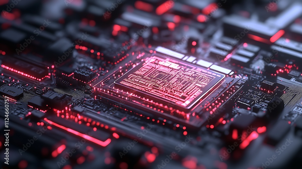 Poster Futuristic Glowing Red Circuit Board with Central Microchip Illustration : Generative AI