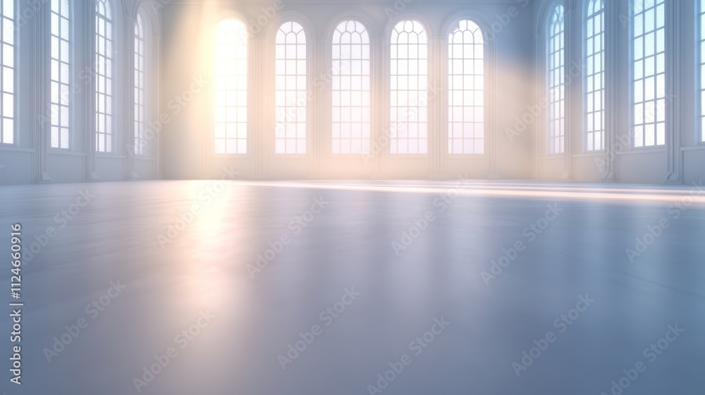 Poster This interior features elegant white marble floors and intricate architectural details illuminated by sunlight pouring through tall windows. Ample copy space available