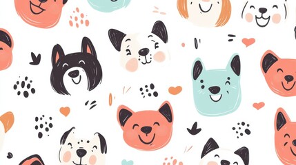 Naklejka premium Whimsical pattern of various dog faces in a doodle style with bright colors and plenty of area for personal text or creative elements. Generative AI