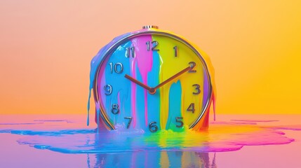 Colorful clock melting in vibrant paint.