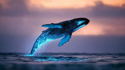 A whale leaping through glowing bioluminescent waves, majestic and serene