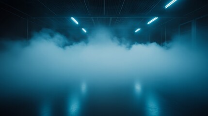 Fototapeta premium Dense swirling mist is beautifully illuminated by pale blue and white lights in a commercial setting, producing a magical and otherworldly effect