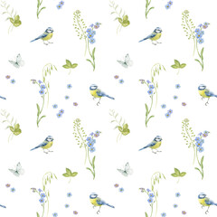 Seamless pattern with flowers and birds, forget-me-nots, grass and titmouses - watercolor illustration, hand drawn and isolated