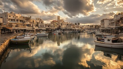 Fototapeta premium Sunset Reflections Over the Picturesque Harbor of Paphos, Cyprus