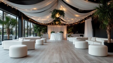 A tropical-themed venue with elegant draping and lush greenery, offering a fresh and relaxing atmosphere perfect for lively events and special occasions.