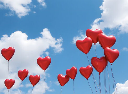 Red heart balloons against a bright blue sky with fluffy clouds.