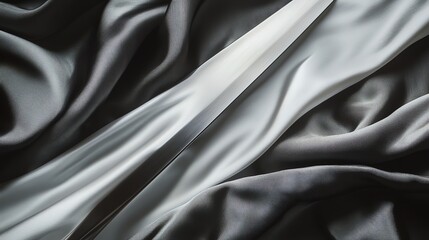Fototapeta premium A shiny, silver knife lying on a white fabric background.