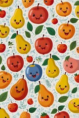 Colorful Kawaii Fruit Patterns With Smiling Faces And Leaves