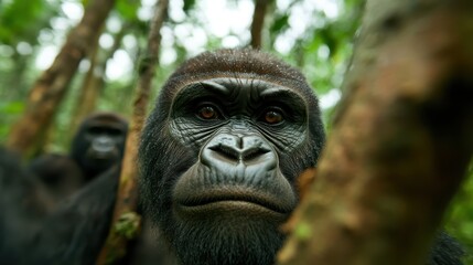 An intimate close-up shot of a gorilla peering through the dense green foliage of its rainforest habitat, capturing the essence of wildlife and nature.